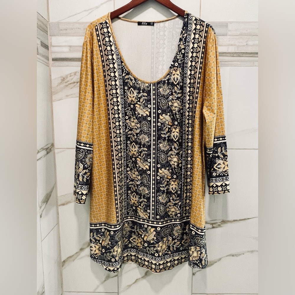Lilly Women’s Boho Maxi Dress 3/4 Sleeve Mustard Black Floral 4XL Western comfy - Picture 4 of 12